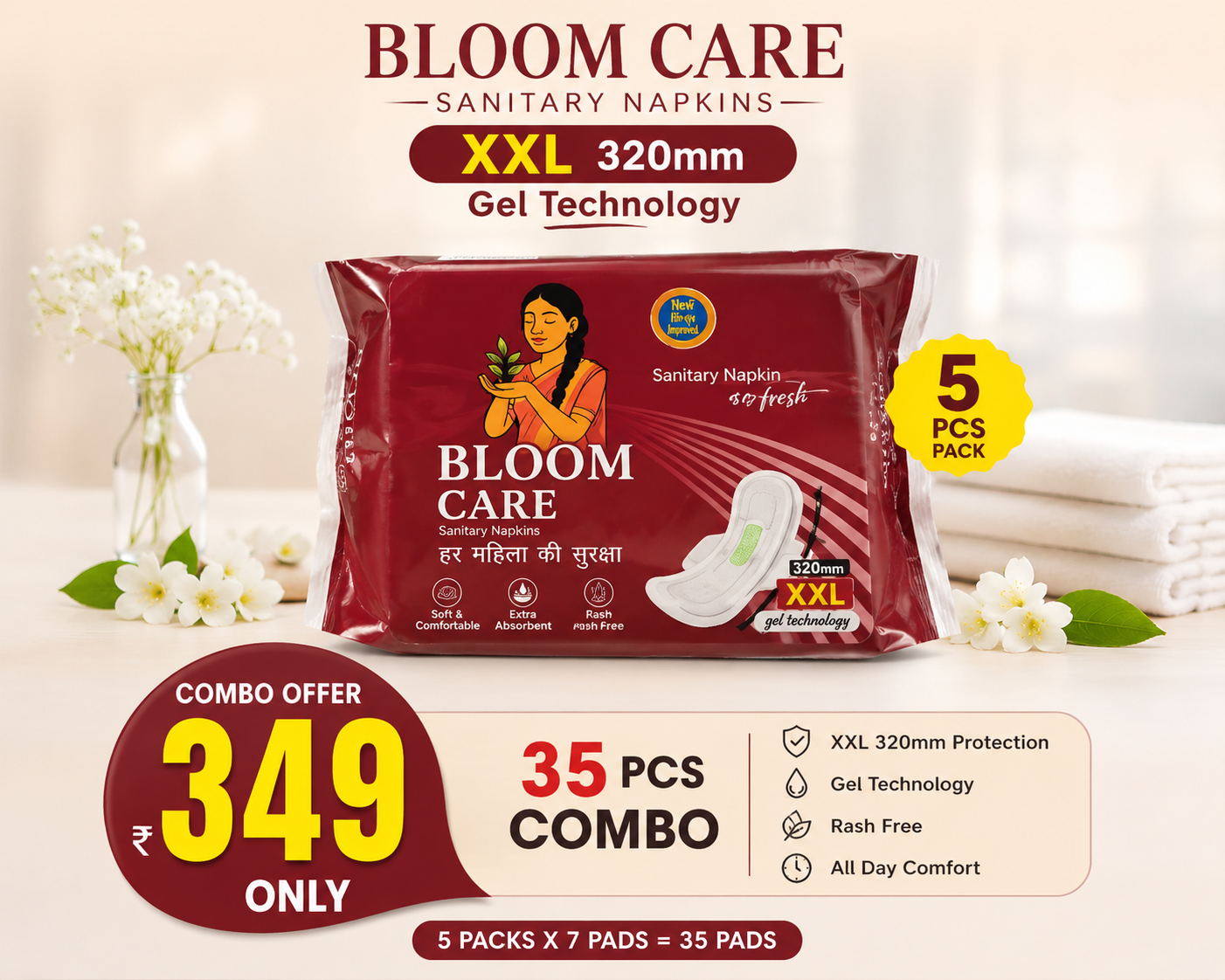 Bloom Care XXL Sanitary Pads 320mm | Gel Technology | Rash Free | Heavy Flow Protection | Ultra Soft | Leak Proof | 35 Pads (5 Packs x 7 Pads) Combo
