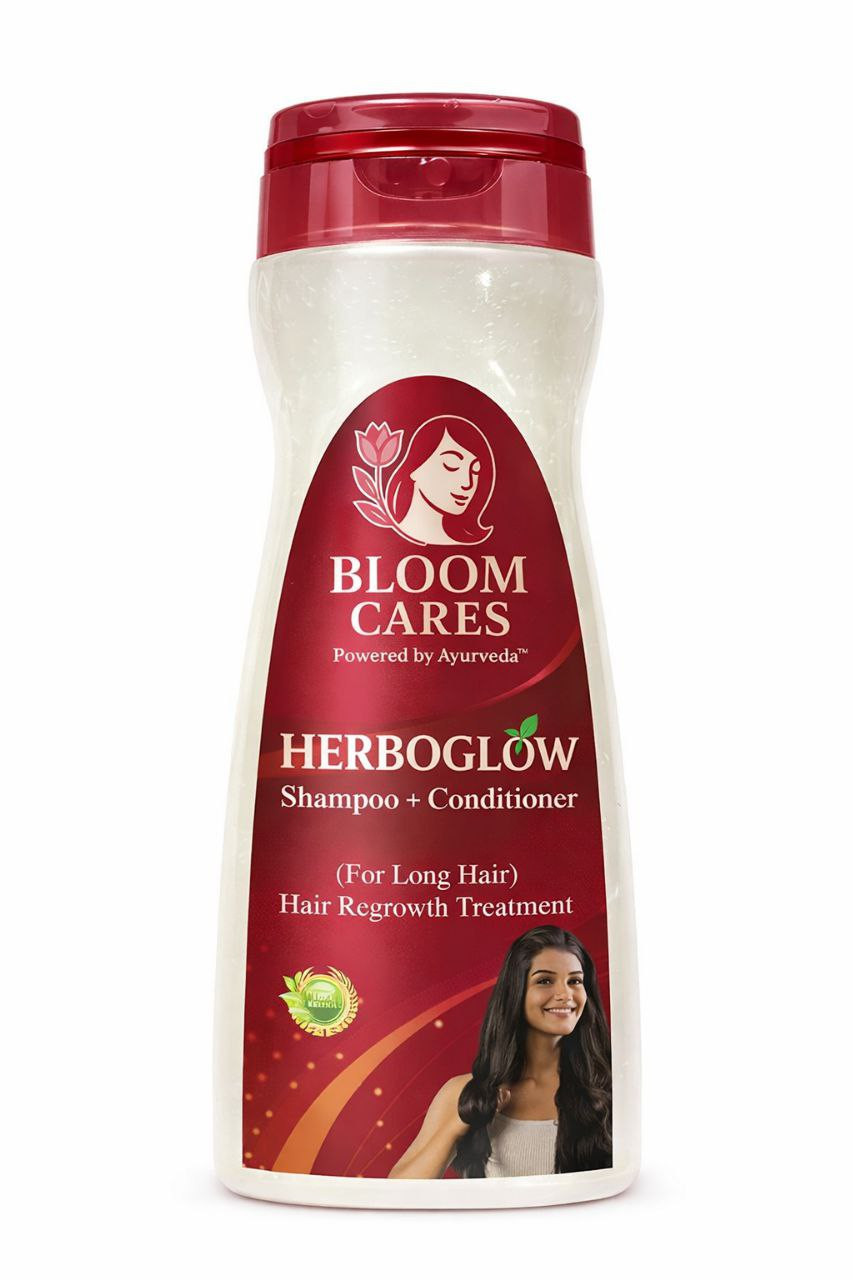 Bloom Cares Herboglow Shampoo + Conditioner | 2 in 1 Herbal Ayurvedic Shampoo for Hair Regrowth, Hair Fall Control & Long Strong Shiny Hair | 100% Herbal | 200ml