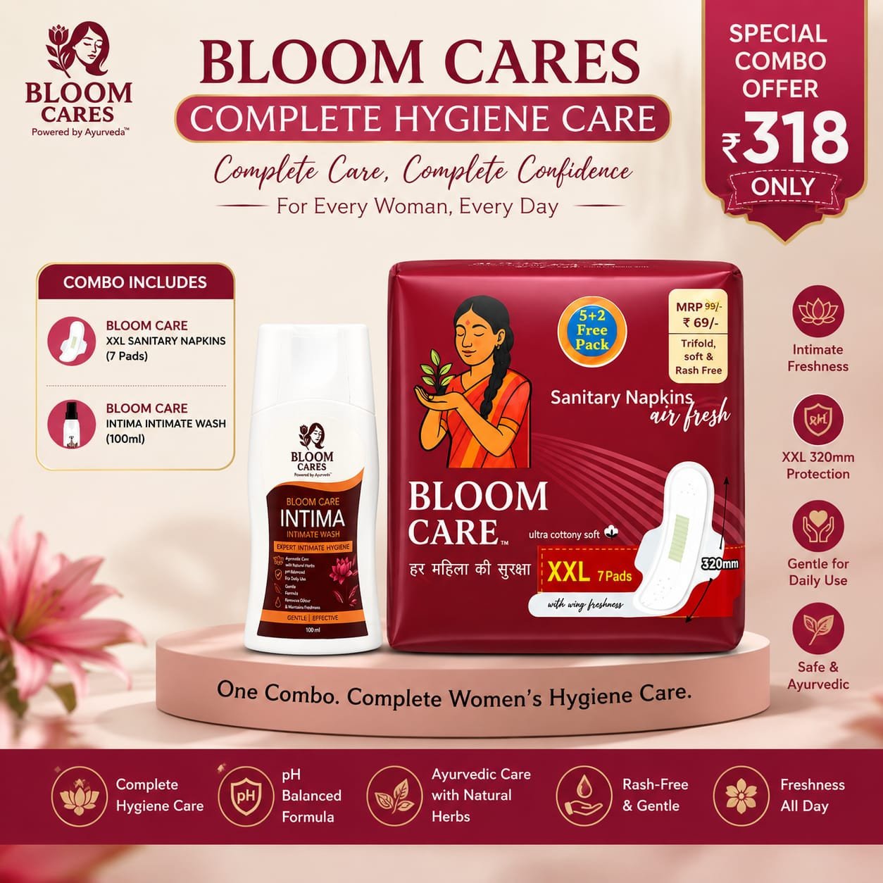 Bloom Cares Complete Hygiene Care Combo | Intimate Wash 100ml + Sanitary Pads XXL 320mm (7 Pads) | pH Balanced Feminine Wash | Rash Free | Ayurvedic Daily Feminine Hygiene Kit