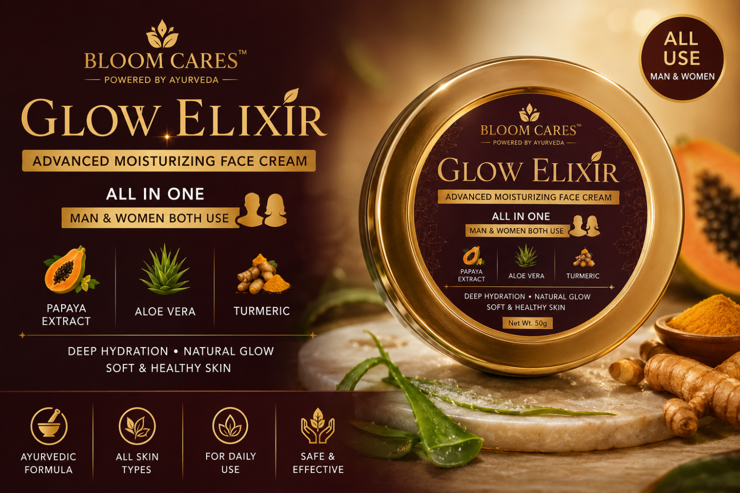 Bloom Cares Glow Elixir Advanced Moisturizing Face Cream | Papaya, Aloe Vera & Turmeric | All Skin Types | Men & Women | 50g