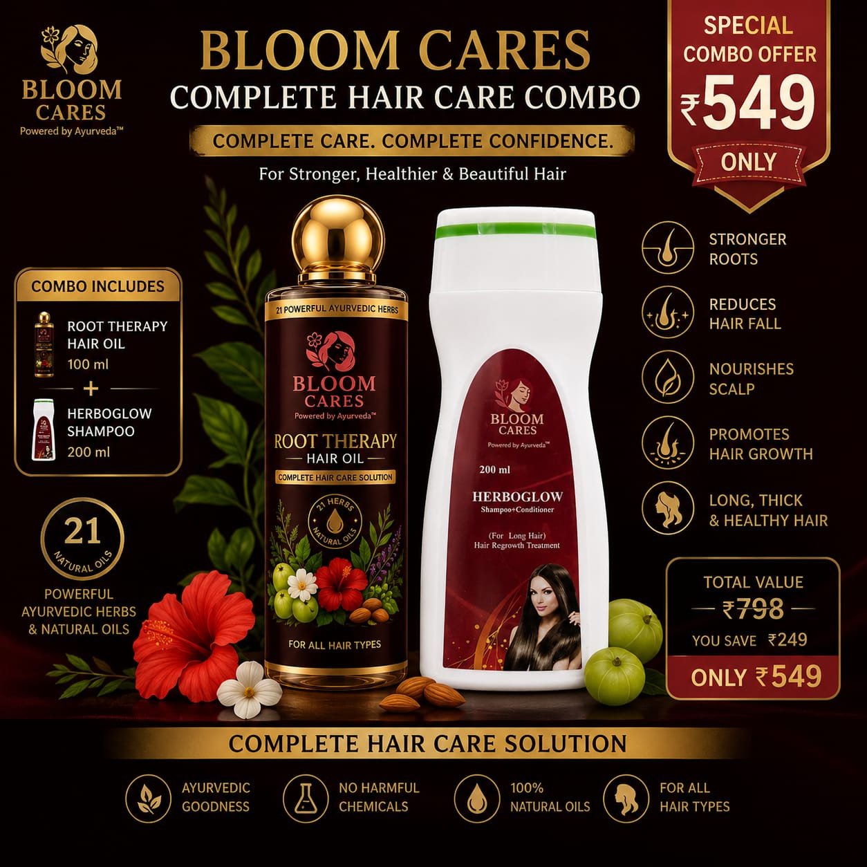Hair Growth Combo Pack | Ayurvedic Hair Oil + Shampoo | Hair Fall Control | Root Therapy Hair Oil & Herboglow Shampoo